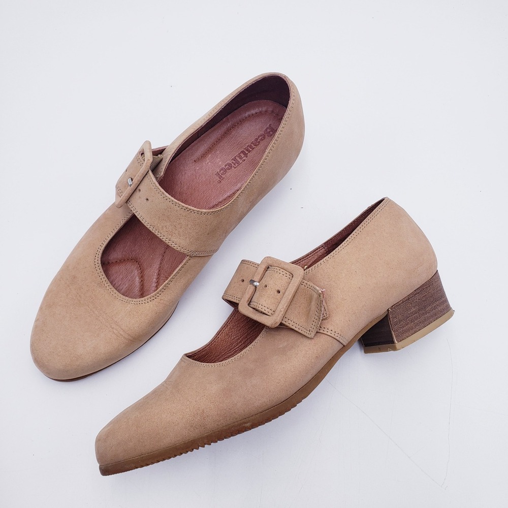 BeautiFeel Mary Jane Pumps Tan Beige Suede Buckle Strap Low Block Heel 39